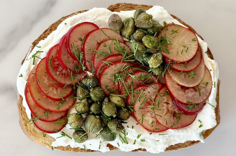 Balsamic Marinated Radish with Capers and Dill on Toast